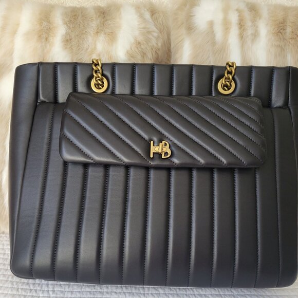 Henri Bendel No 7 Black Leather Tote Bag Quilted Vertical  Henri Bendel Black Quilted Tote